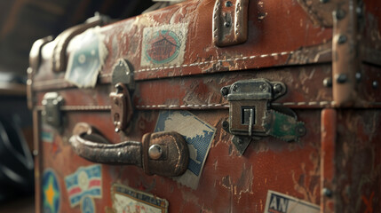Fototapeta na wymiar A detailed shot of a worn leather suitcase covered in travel stickers, hinting at past adventures