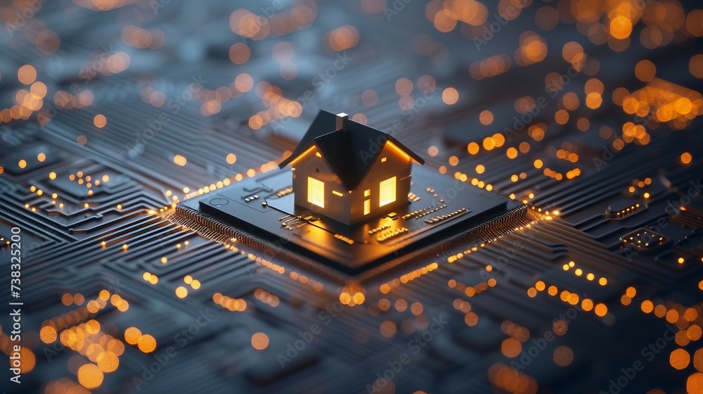 Poster close-up view of a glowing house symbol on a microchip ,representing the concept of smart house and 