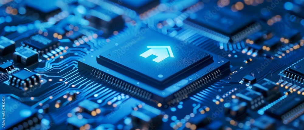 Poster close-up view of a glowing house symbol on a microchip ,representing the concept of smart house and 