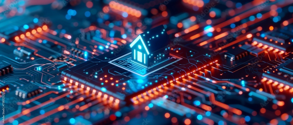 Aufkleber close-up view of a glowing house symbol on a microchip ,representing the concept of smart house and 