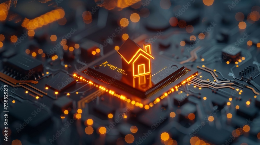 Aufkleber close-up view of a glowing house symbol on a microchip ,representing the concept of smart house and 