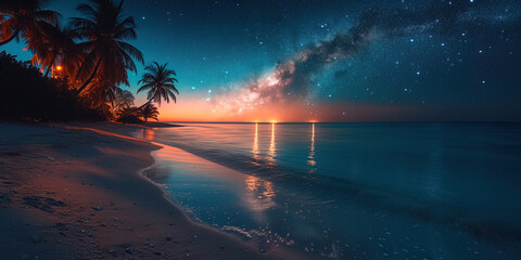 The Milky Way shimmers above the night beach, reflected in the calm turquoise water. Palm trees sway gently.