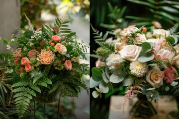 Obraz na płótnie Canvas modern wedding bouquet with fern. Beautiful pink flowers. Postcard. Banner. Wedding invitation.