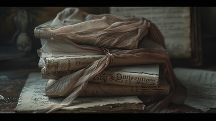 A close-up of a stack of weathered, handwritten letters tied together with a faded silk ribbon