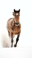 Dynamic Brown Horse Running in Snow, Winter Equine Beauty