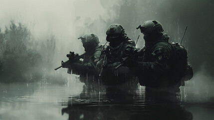 Soldados de las fuerzas especiales del ejercito por el agua en un día tormentoso - obrazy, fototapety, plakaty