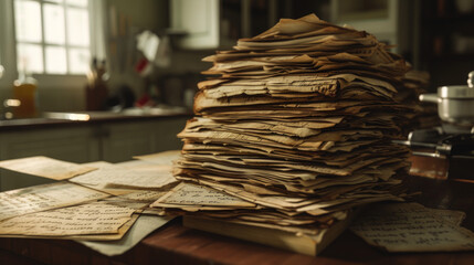 An assortment of aged, handwritten recipe cards stacked neatly on a kitchen counter - obrazy, fototapety, plakaty