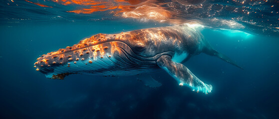 Whale Near the Surface in ocean or sea - obrazy, fototapety, plakaty