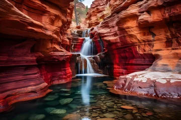Fotobehang Crimson Canyon Cascade: Waterfall Flowing Through © Harmony