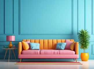 A cheerful living room with a pink and orange sofa in front of a blue wall