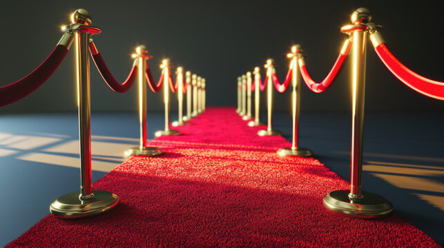 Luxurious red carpet with gold poles and red ropes. Perfect for events and grand entrances