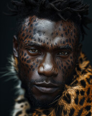 artistic man and leopard hybrid, captured up close, showcasing its distinctive eyes