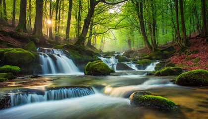 Wiosenny las o świcie, rzeka i wodospady, krajobraz	