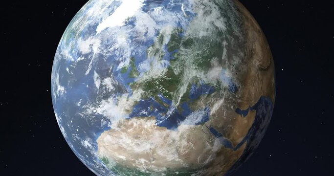 Realistic 3D animation of Europe and surrounding parts of the world, as seen from space, turning into a dry, depleted desert. Global warming, drought, climate crisis and world catastrophe concept.