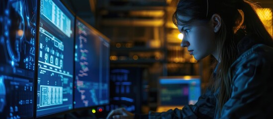At night, a female hacker in a basement uses a computer to carry out cyber attacks involving phishing, malware, database breaches, password breaches, and ransomware on a digital transformation network - obrazy, fototapety, plakaty