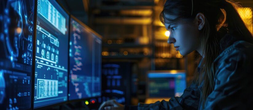 At night, a female hacker in a basement uses a computer to carry out cyber attacks involving phishing, malware, database breaches, password breaches, and ransomware on a digital transformation network