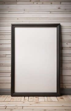 Blank black picture frame on an old wall and vintage floor