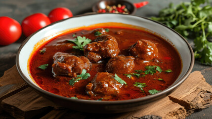 Delicious bowl of meatballs in savory tomato sauce. Perfect for Italian cuisine or homemade comfort food