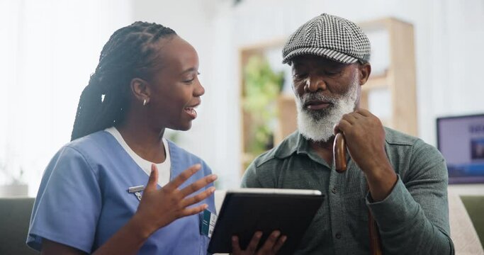 Discussion, tablet and caregiver with senior man in living room of nursing home for medical consultation. Digital technology, healthcare and nurse talking to African elderly patient in retirement.