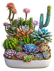 Succulent Cactus, grouped in one clay pot, 3/4 side view in a PNG, in a plant decor-themed, isolated, and transparent photorealistic illustration. generative ai
