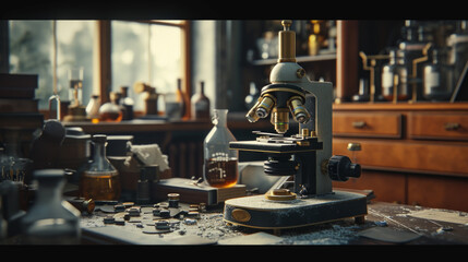 Fototapeta na wymiar A dusty, antique microscope with brass components and glass slides on a laboratory table