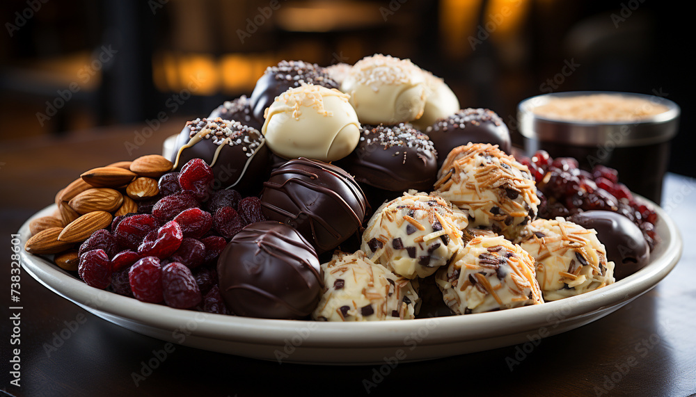 Sticker gourmet chocolate truffle on rustic wooden plate generated by ai