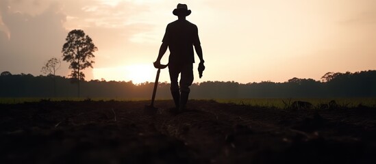 silhouette male farmer holding wood shovel hands