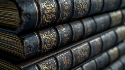 A stack of weathered, leather-bound law books with gold embossing on the spines