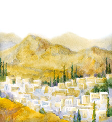 Watercolor landscape. Old city in a valley between the mountains