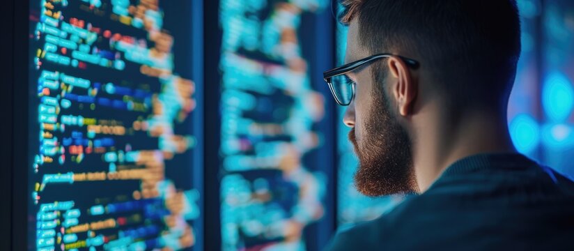 Developers proficiently update server rigs, coding complex binary scripts on laptops, fortifying cybersecurity in the data center with JavaScript, Java, and database programming. - Powered by Adobe