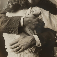 a vintage photograph from 1920s showing a close up of a man's hands as he hugs a woman around her torso , couple kissing, old photo, man, woman, male, female couples share a loving moment by embracing