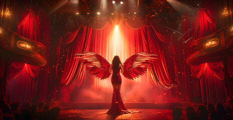 female singer with angel wings standing on the stage of the theater with a microphone, singing towards the audience