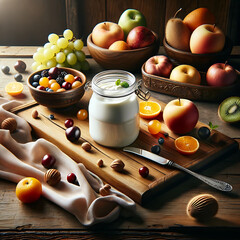 Healthy BREAKFAST with fruits and artisan yogurt. warm light. - obrazy, fototapety, plakaty