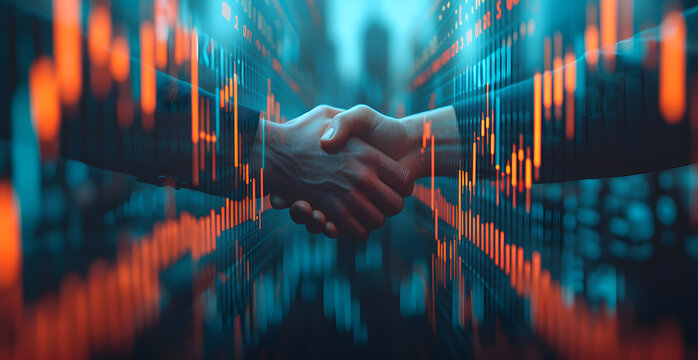 Double exposure of financial graph on cityscape background with two businessman handshake