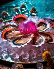 Fotobehang  Primo piano fotografia di cibo, ostriche luminose  e meduse dai colori al neon blue, fucsia- cibo futuro  © Emmanuel