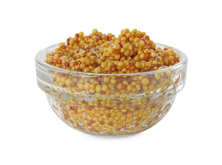 Fresh whole grain mustard in bowl isolated on white