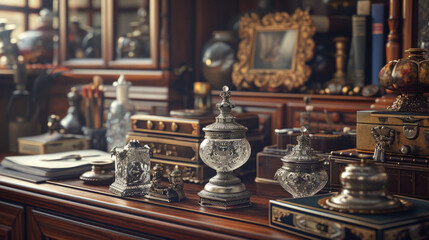 A set of antique glass inkwells with decorative metal lids on a vintage writing desk