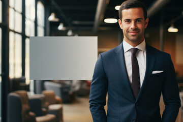 Confident Businessman in Modern Office Environment, Open Empty Text Copy Space Used for a Business Professional Seminar Poster, Announcement, Invitation, or Sign
