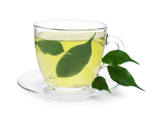Fresh green tea in glass cup, leaves and saucer isolated on white