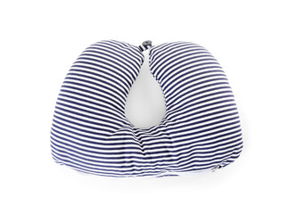 One striped travel pillow isolated on white, top view