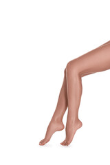 Woman with beautiful legs on white background, closeup