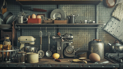 An assortment of retro kitchen gadgets, such as a hand-crank egg beater and a vintage can opener