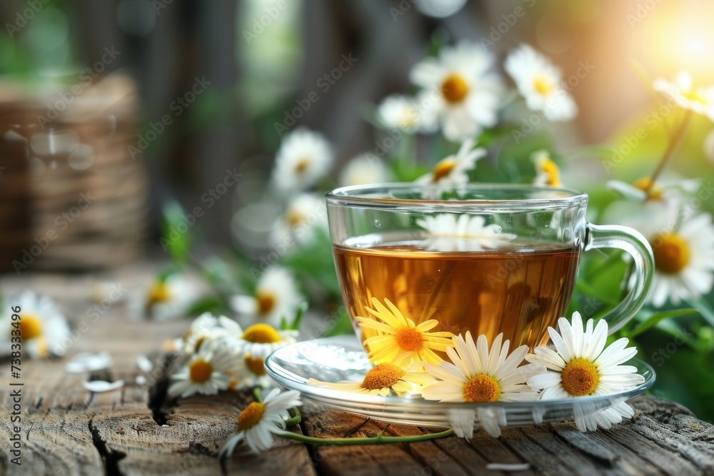 Poster chamomile tea in a transparent mug. background with selective focus and copy space
