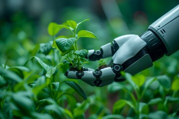 A robot hand works on a modern farm. Background with selective focus and copy space