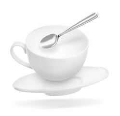 Spoon, cup and saucer falling on white background