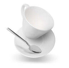 Spoon, cup and saucer falling on white background