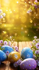 Easter Wallpaper with Spring Flowers, Easter Eggs and Copy Space