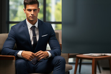 Confident Businessman in Elegant Blue Suit Seated in Modern Office, Open Empty Text Copy Space Used for a Business Professional Seminar Poster, Announcement, Invitation, or Sign
