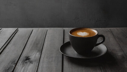 Obraz premium Black and white picture colored coffee with heart shaped milk foam on wooden table wallpaper