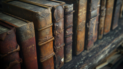A row of weathered leather-bound journals with cracked spines, revealing years of use - obrazy, fototapety, plakaty